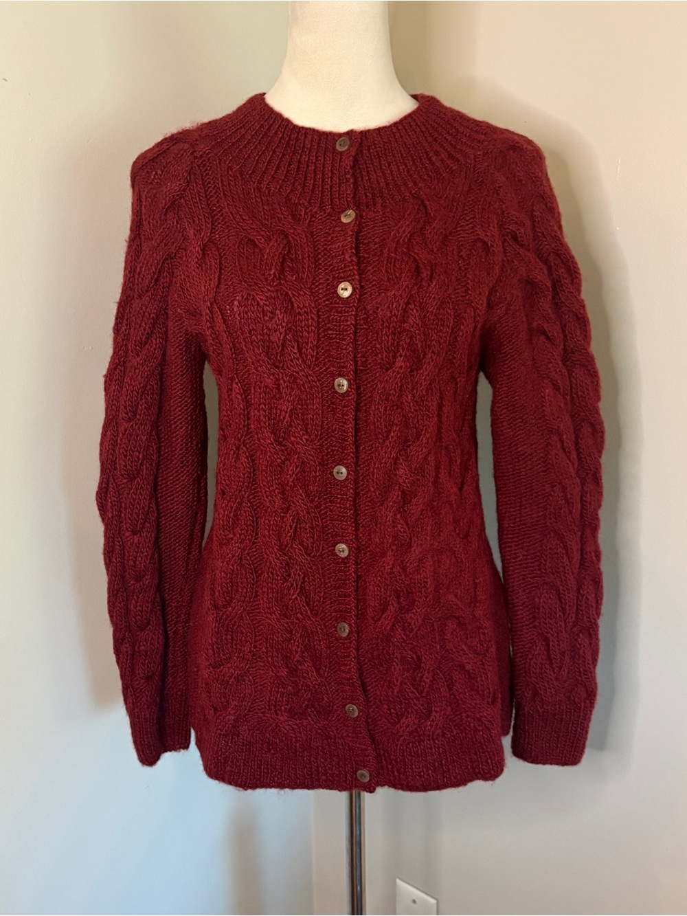 Liz Alig Hand Knit 100% Wool Cable Cardigan Sweater Burgundy Red Nepal KTS Small